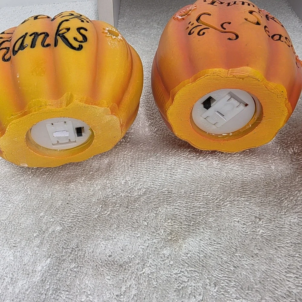 Set Of 3 Light Up Battery Orange Pumpkins Welcome Hello Fall Season Give Thanks